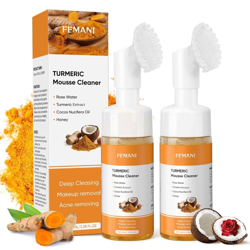 2PCS Turmeric Face Wash w/Brush, Turmeric Foaming Facial Cleanser w/Coconut Oil